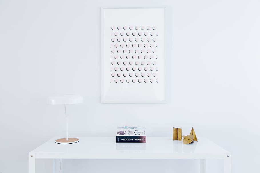desk lamp on table beside white box, frames, indoors, no people HD wallpaper