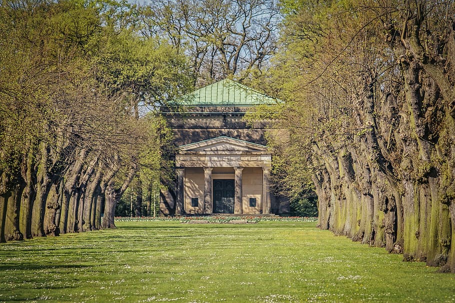 tree, grass, nature, architecture, avenue, mausoleum, hanover HD wallpaper