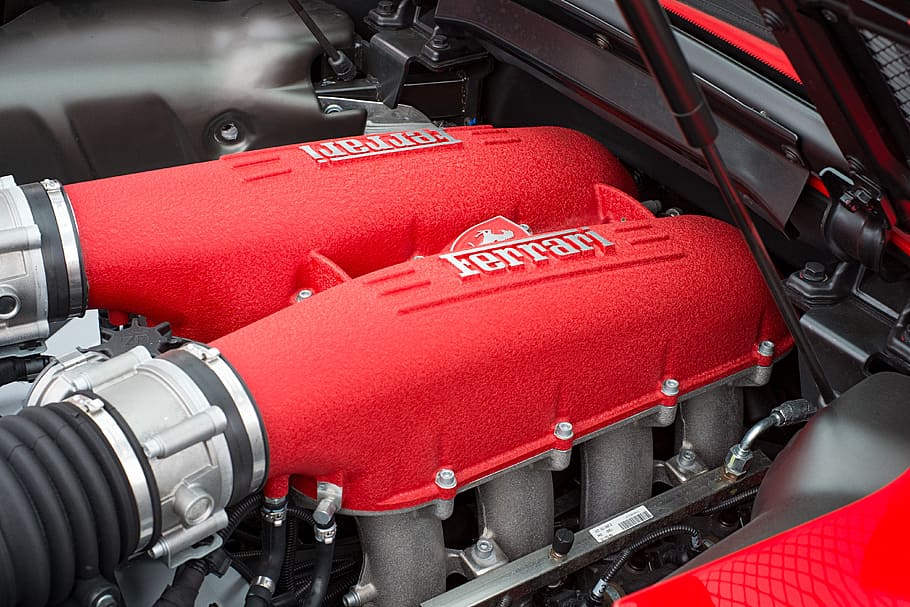 red and gray Ferrari car engine, sportscar, speed, style, transportation