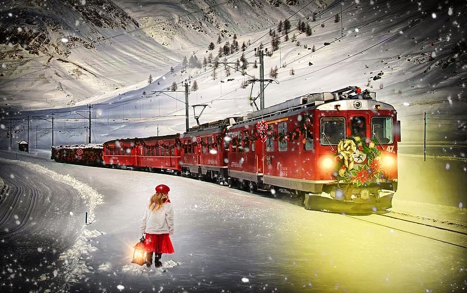 photo of girl in gray jacket and red skirt in front of red train during snow