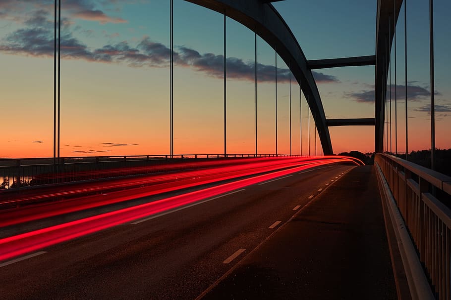 architecture, bridge, infrastructure, sky, clouds, sunset, lights HD wallpaper