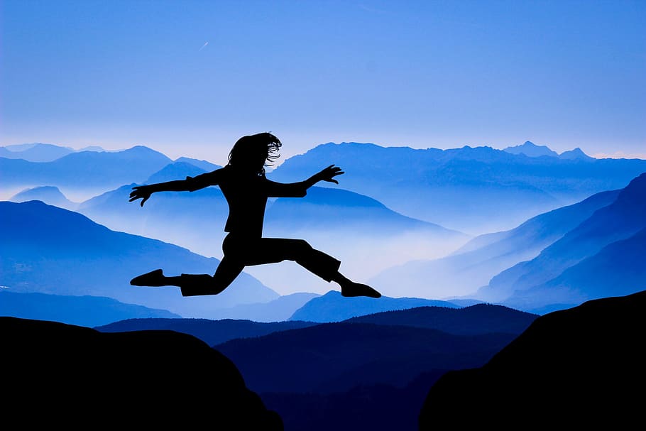 silhouette of person jumping under mountain background, design, HD wallpaper