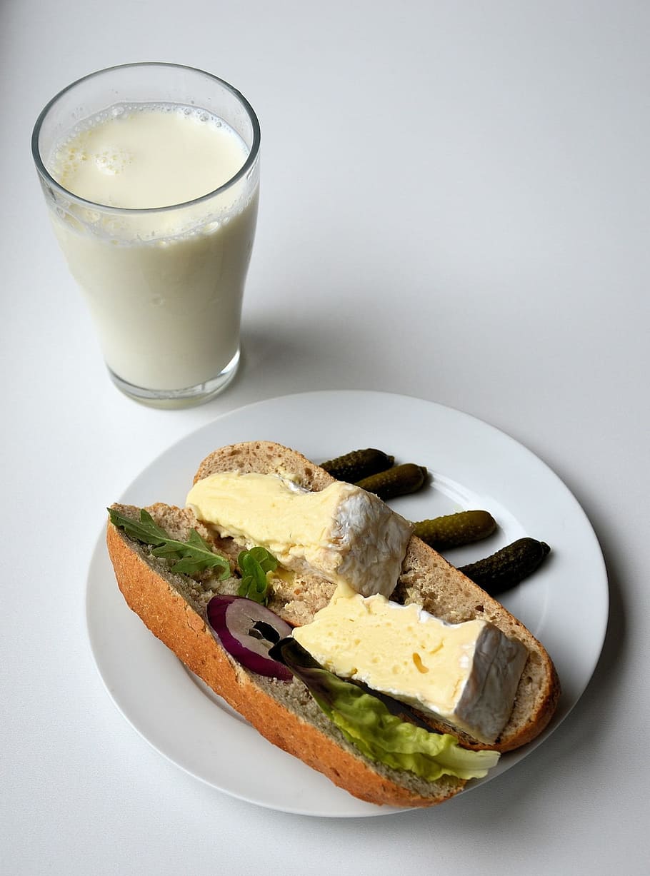 sandwich on plate beside glass of milk, Bread, Breakfast, Sandwich