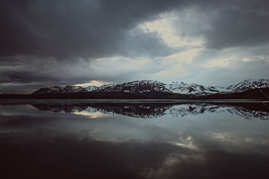 mountain near body of water, calm, surrounded, mountains, cumulus HD wallpaper