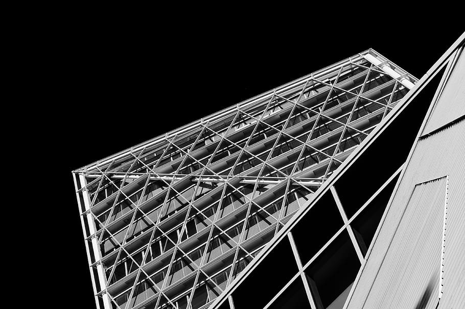 grayscale photography of building, low-angle photo of gray metal structure HD wallpaper