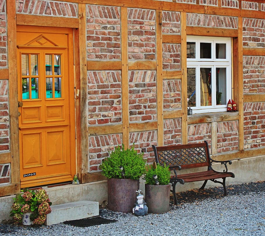 bench, bar, building, house, architecture, daylight, door, entrance HD wallpaper