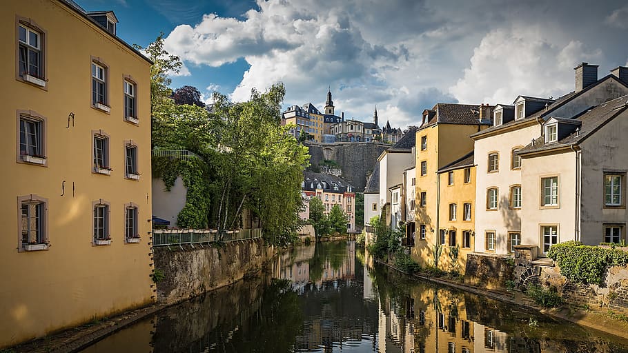 buildings beside river under white and blue skies, Luxembourg, HD wallpaper