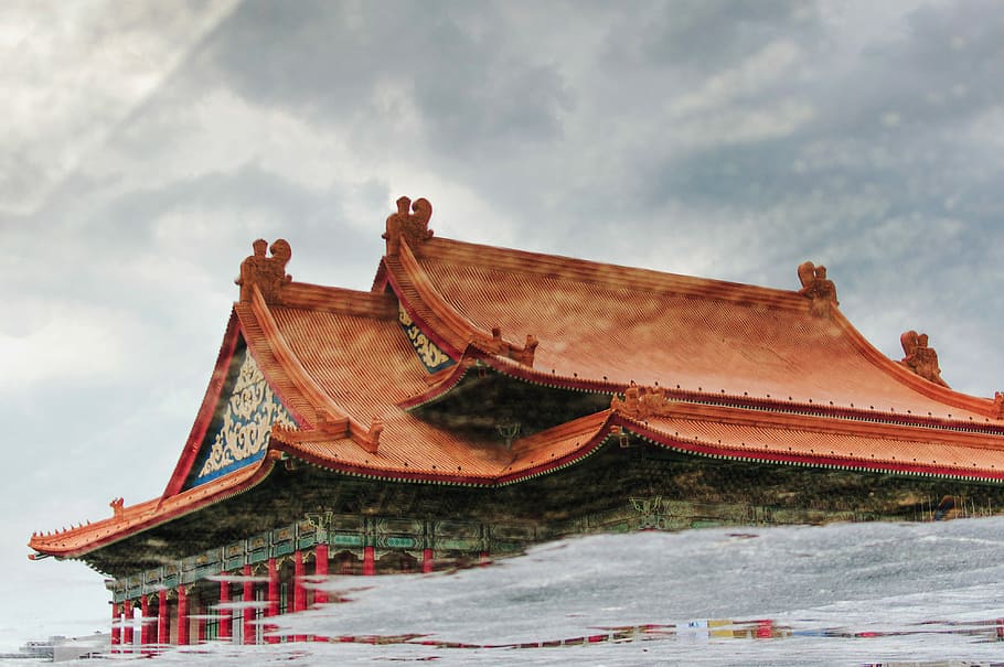 brown and beige wooden temple under white sky, Forbidden City temple under white clouds during daytime HD wallpaper