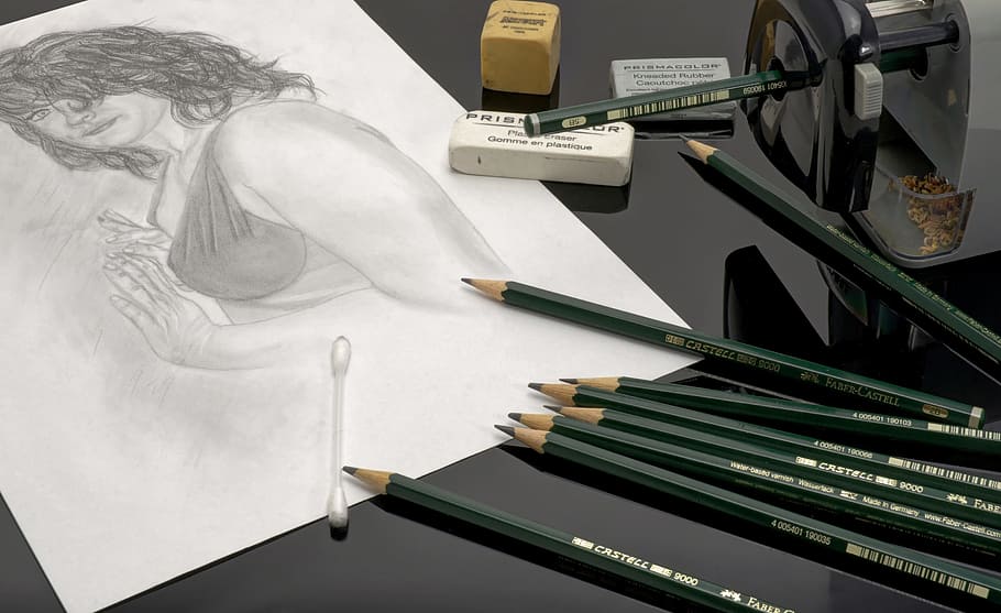 woman portrait sketch, pencil, pens, lead, leave, draw, stationery, HD wallpaper