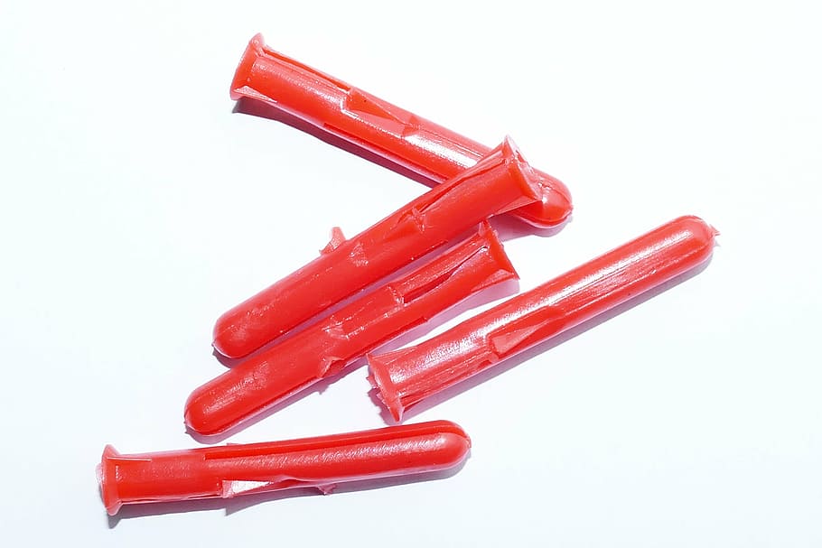 red, raw plugs, wall, fixing, diy, building, construction, screws HD wallpaper
