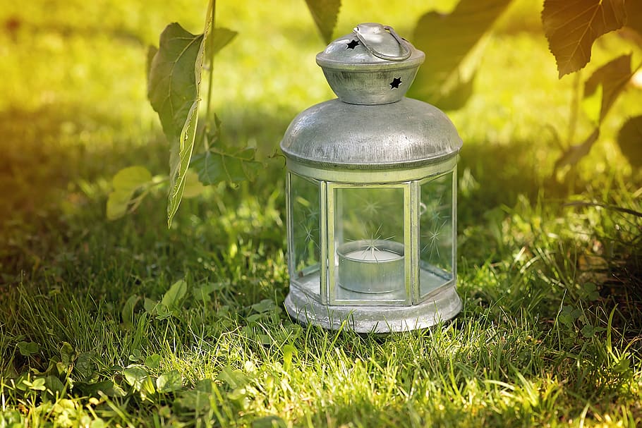 grey candle lantern on green grass field, silver, meadow, nature HD wallpaper