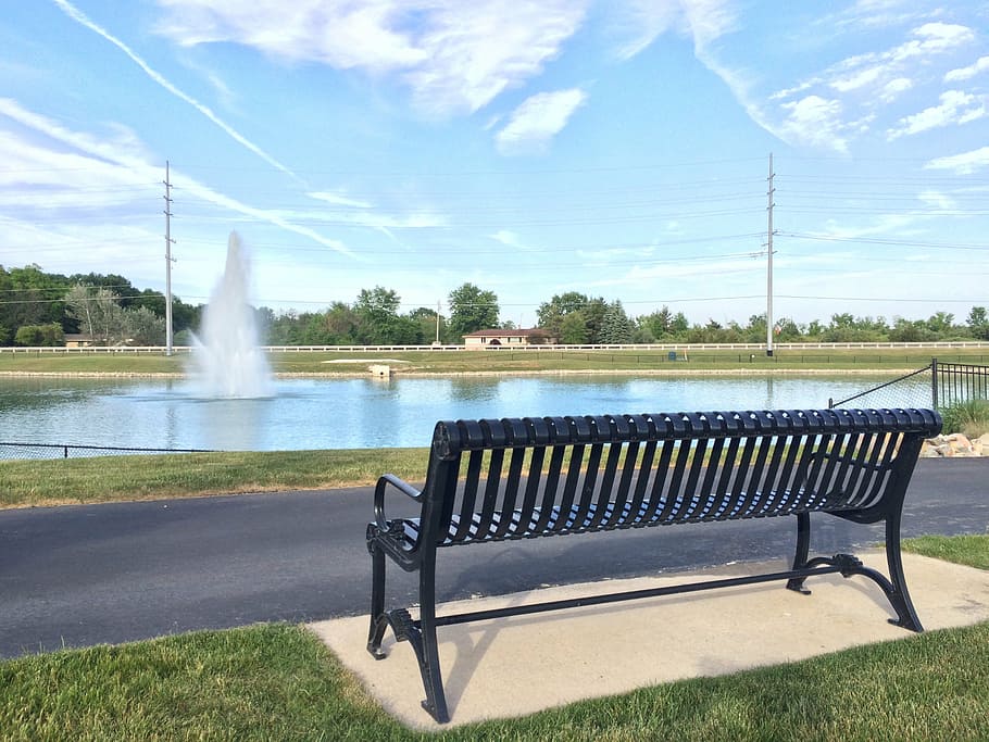 fountain, bench, landscape, water, sky, nature, seat, plant HD wallpaper