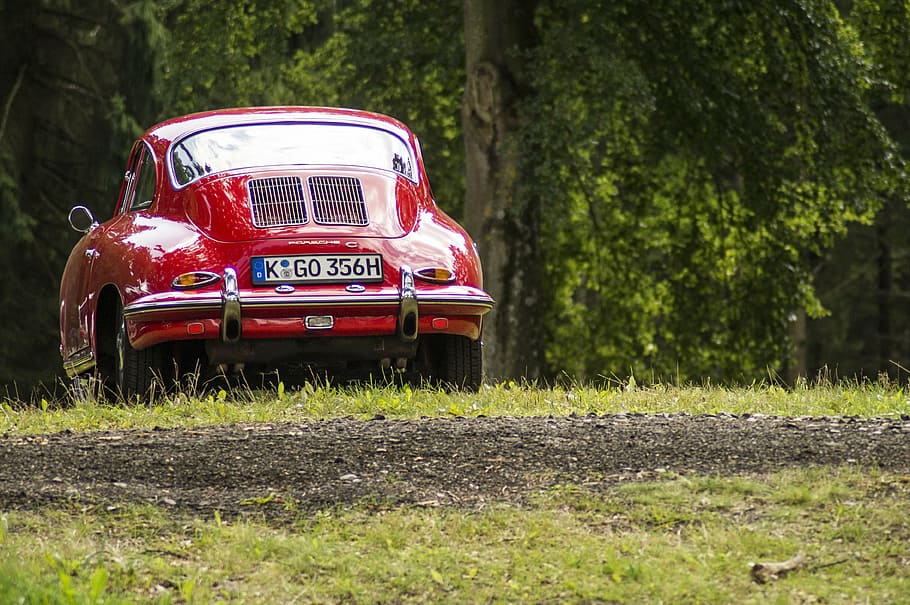 red coupe on green grass, porsche, car, fast, auto, classic HD wallpaper