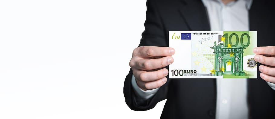 person holding 100 Euro banknote, list, office, business, suit