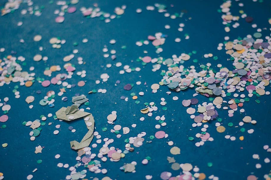 selective focus photography of paper dot, multicolored ornaments on teal surface, HD wallpaper