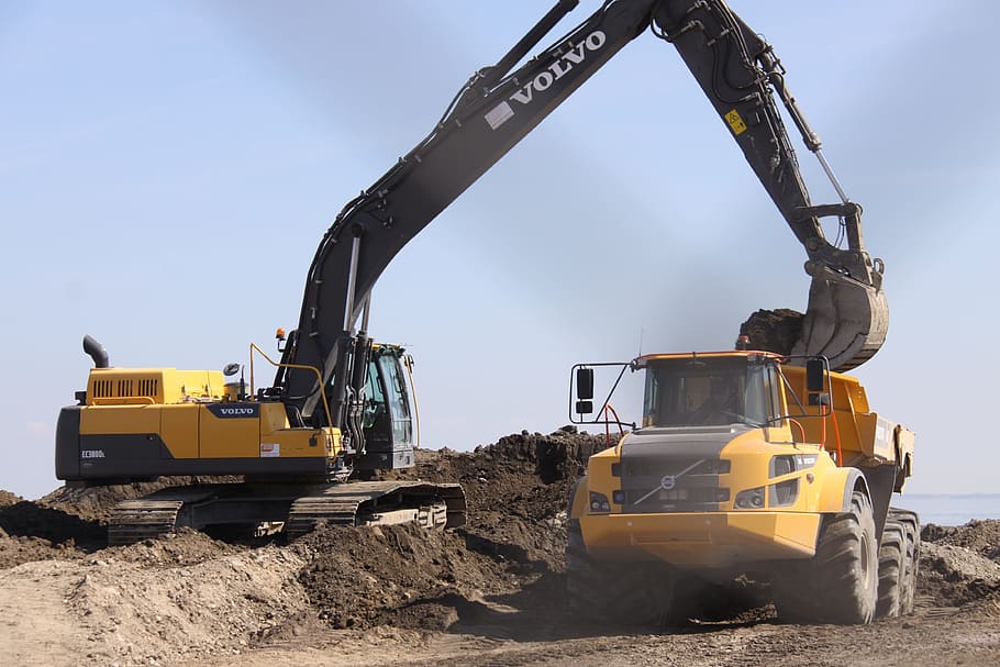digging, crane, truck, work, construction, dirt, denmark, construction industry HD wallpaper