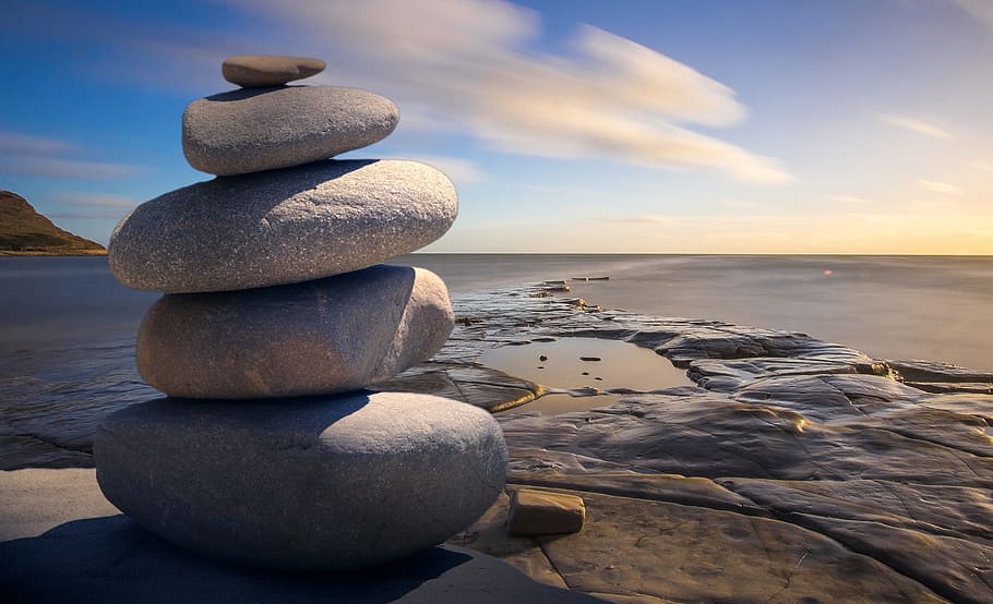 sea, dawn, nature, sky, background, balance, beach, boulder, cobblestone