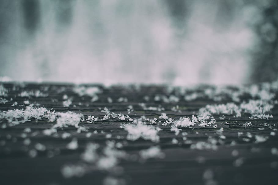 selective focus photography of white substance, snowflakes on brown surface HD wallpaper