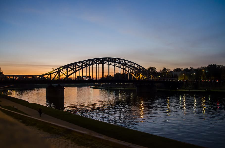 kraków, bridge, river, wisla, water, road bridge, evening HD wallpaper