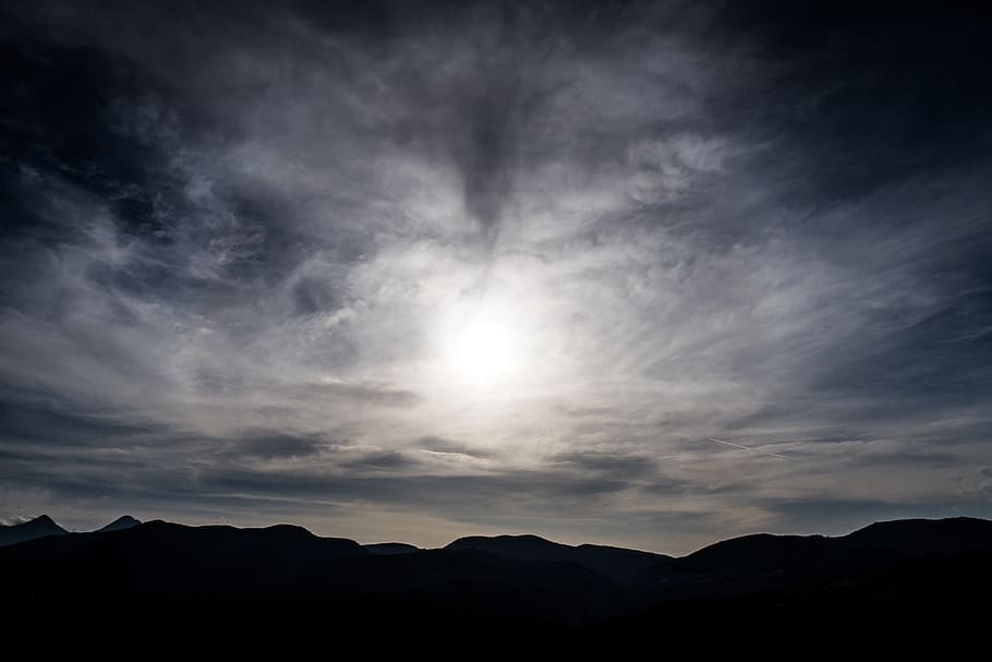 mountain, highland, dark, clouds, sky, sunset, nature, silhouette HD wallpaper