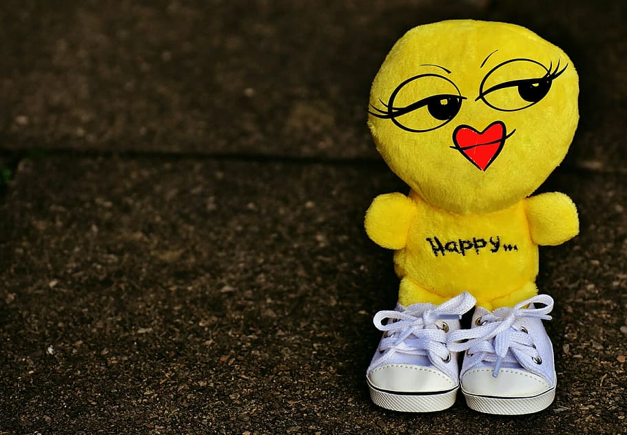 yellow plush toy with teal sneakers close-up photo, smiley, girl