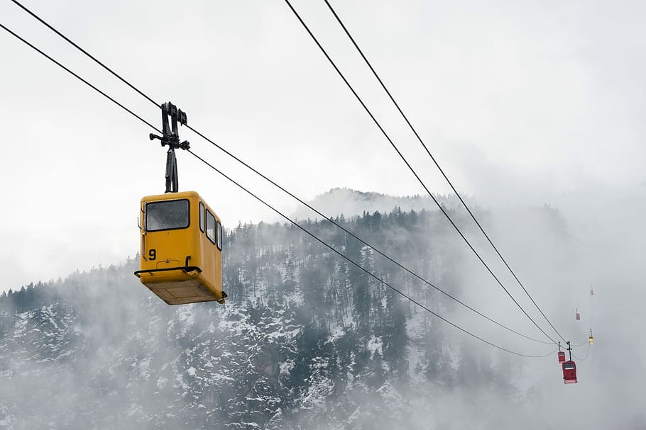 yellow cable car on snow covered hill, tree, woodland, forest HD wallpaper