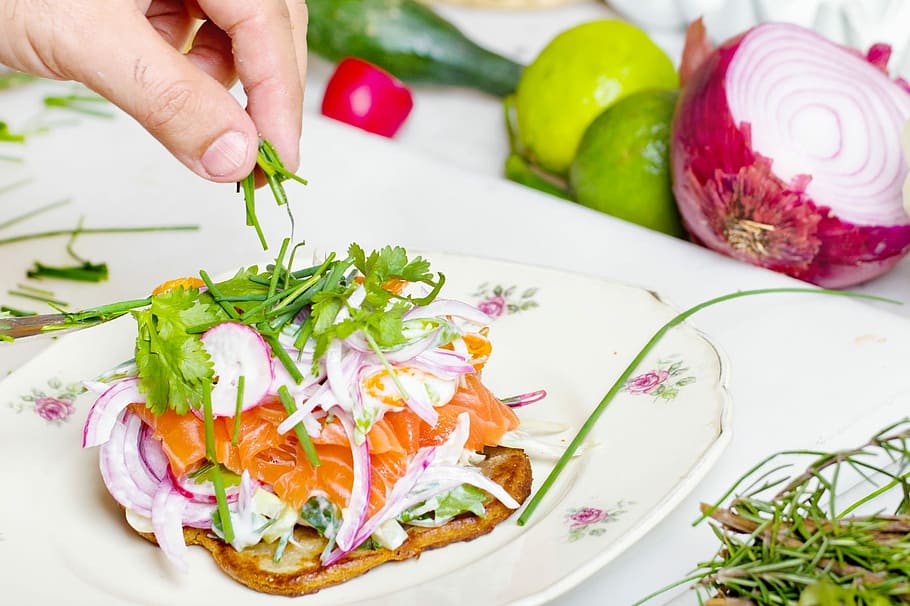 vegetable dish, food, salad, human Hand, freshness, plate, gourmet HD wallpaper
