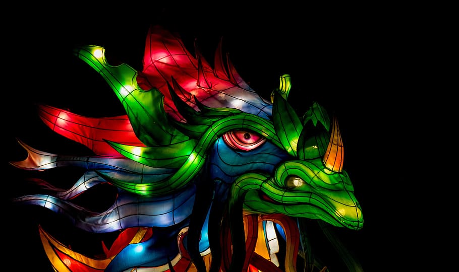 multicolored dragon lantern at night, chinese, asian, culture