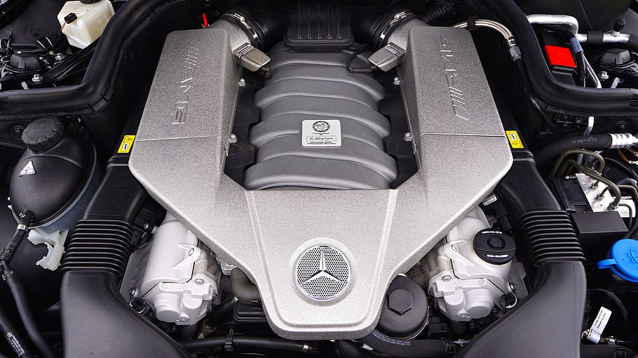 gray Mercedes-Benz engine bay, car, auto, luxury, vehicle, modern