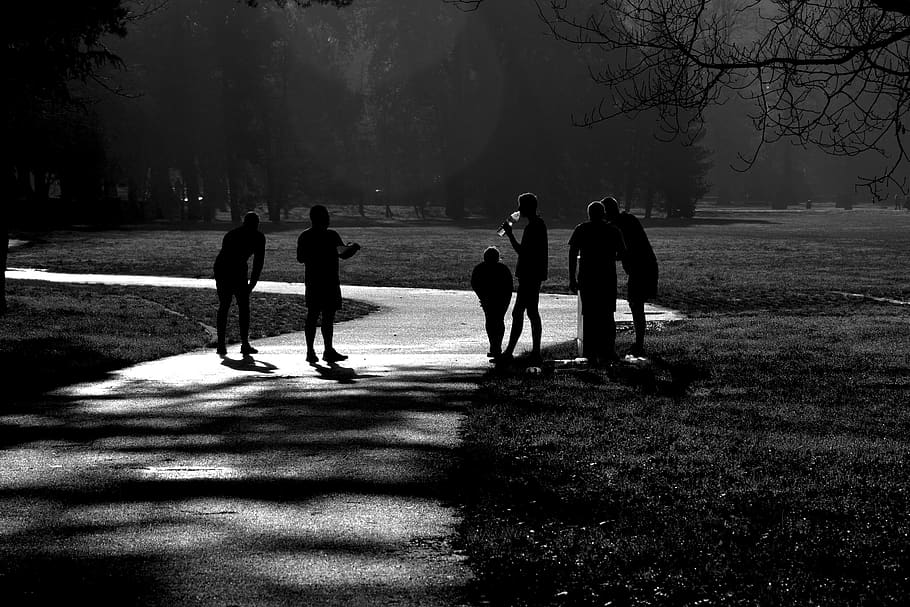 early morning, runners, black and white, path, road, shadows