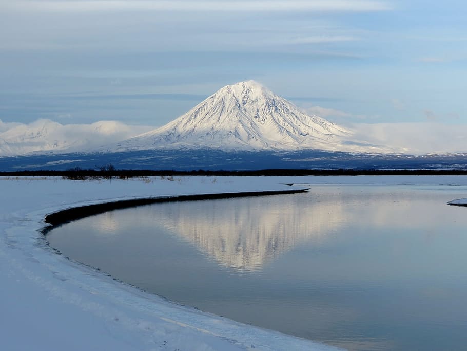 volcano, lake, river, reflection, mountains, landscape, nature HD wallpaper