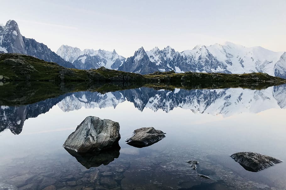 photo of lake during daytime, white mountain under blue sky, landscape HD wallpaper