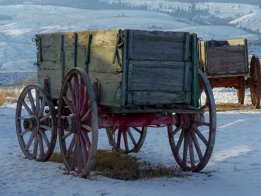 brown wooden horse carriage on ice ground, wagon, deadman, ranch HD wallpaper