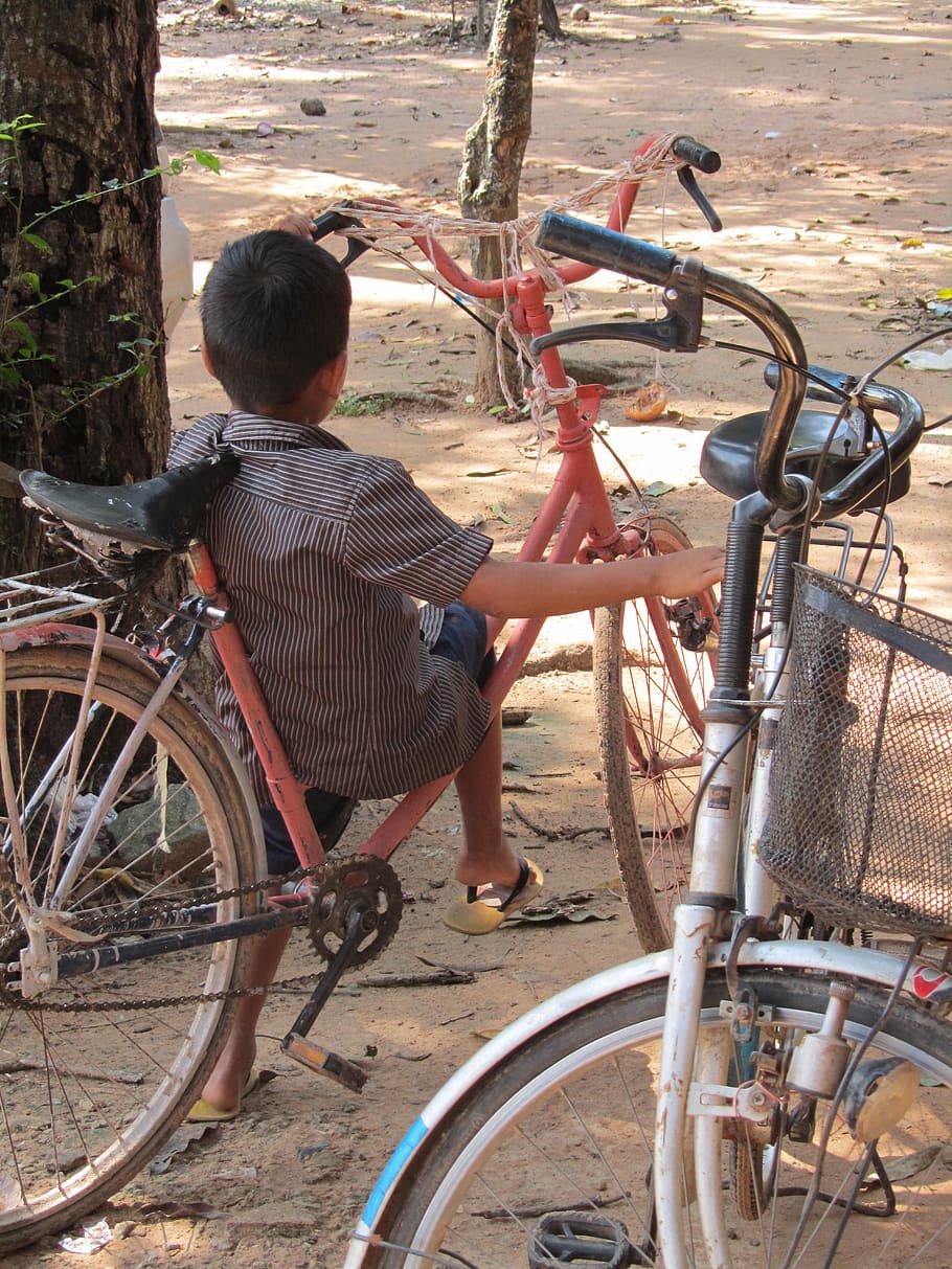 cambodia, child, bicycle, rear view, real people, one person HD wallpaper