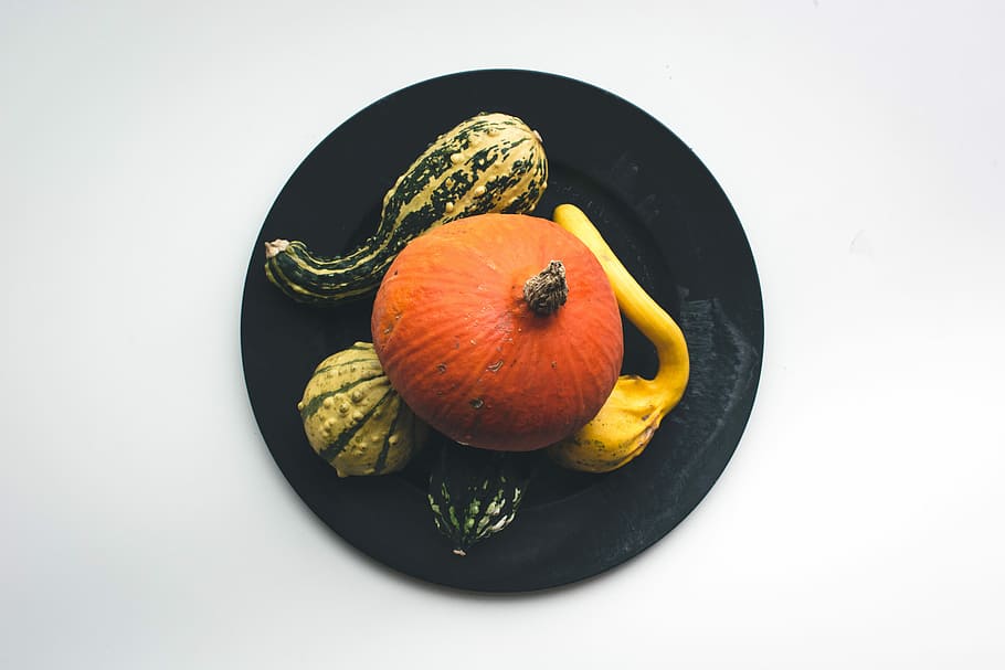 Decorative pumpkins, top view, white background, fruit, food HD wallpaper