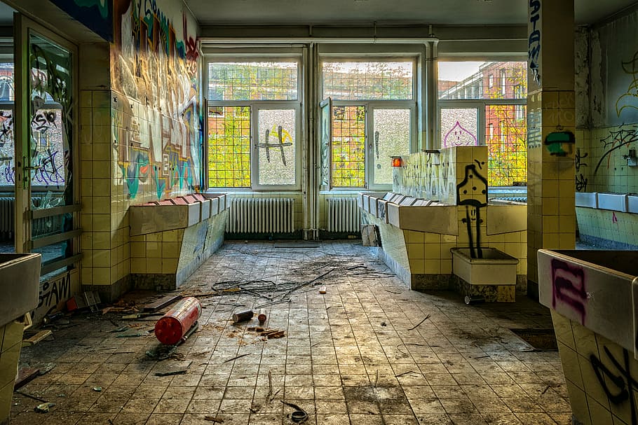 abandoned building with graffiti at daytime, lost places, washroom, HD wallpaper