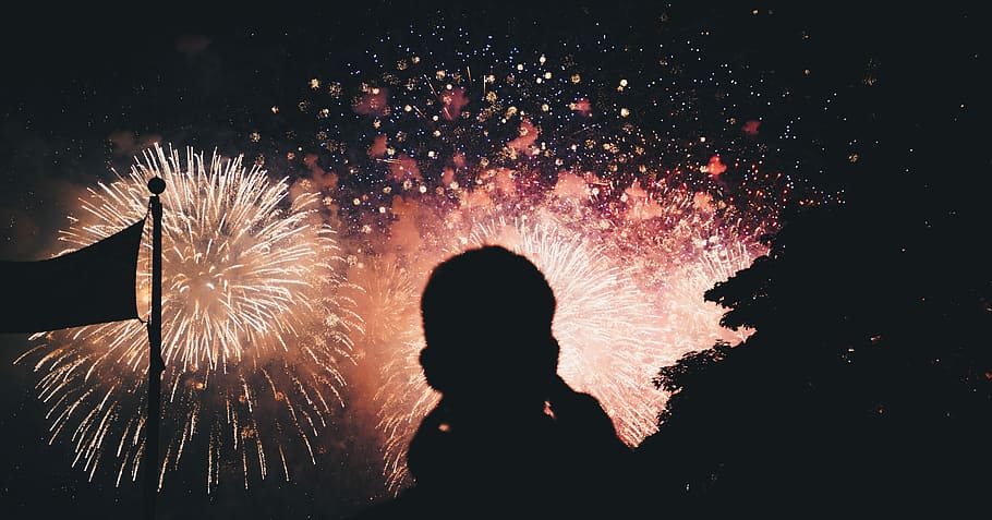 silhouette photo of fireworks, silhouette of person watching fireworks display HD wallpaper