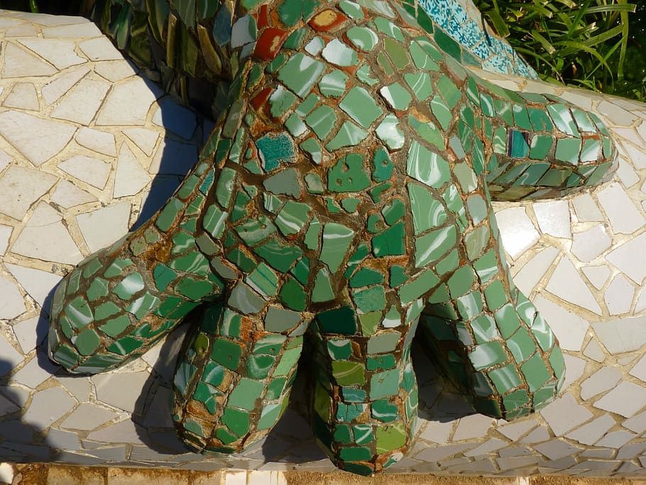 green hand style artwork, Park Güell, Gaudí, Barcelona, Mosaic, HD wallpaper