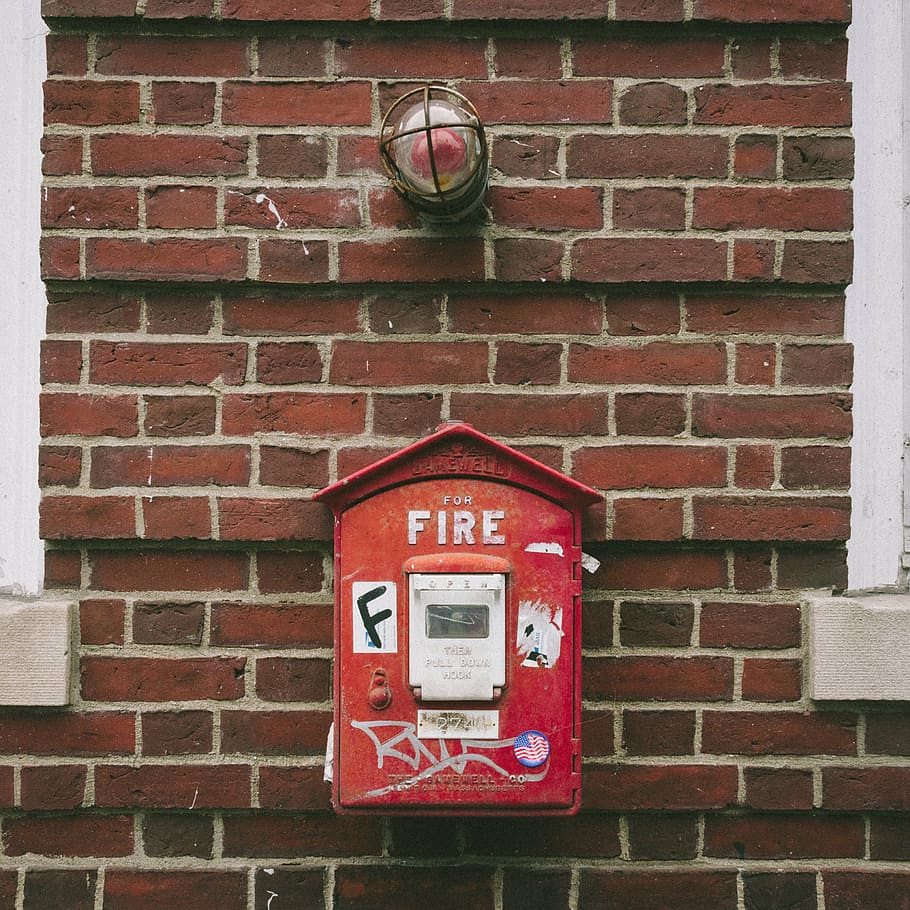 brick wall, bricks, emergency, fire alarm, red, wall - building feature