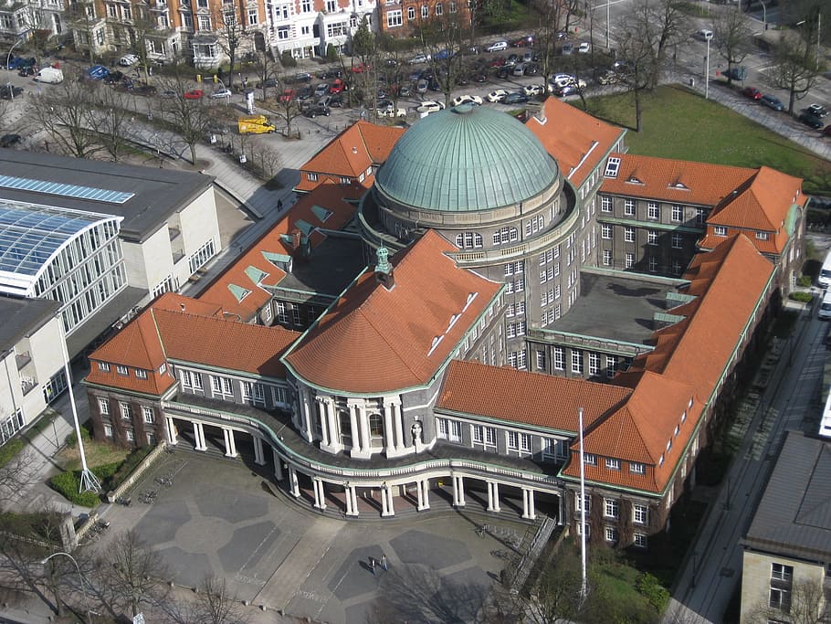 top view of green and orange dome building, Hamburg, Library, HD wallpaper