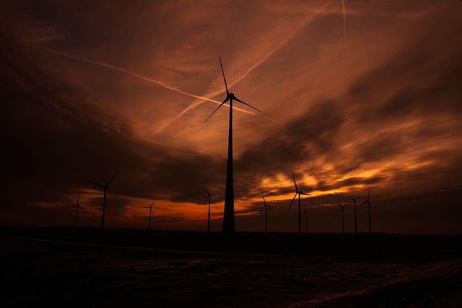 sun, landscape, wind power, evening, shadow, contrast, sky HD wallpaper