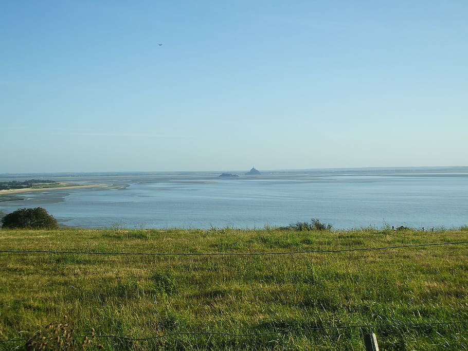 grass, sky, landscape, field, water, sea, normandy, nature HD wallpaper