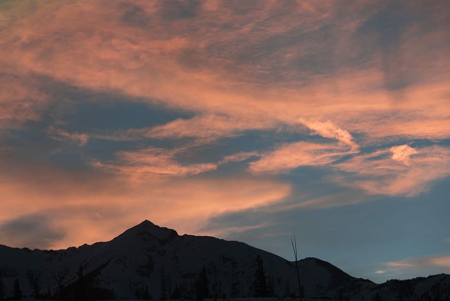 landscape photography of mountain, sky, blue, pink, black, cloud HD wallpaper