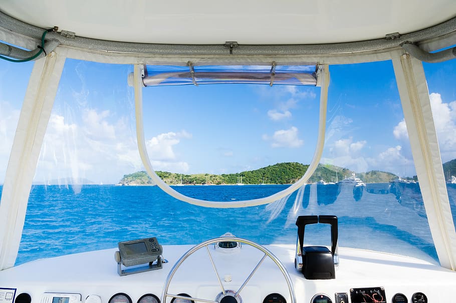 white speed boat interior, steering wheel, boating, water, sea