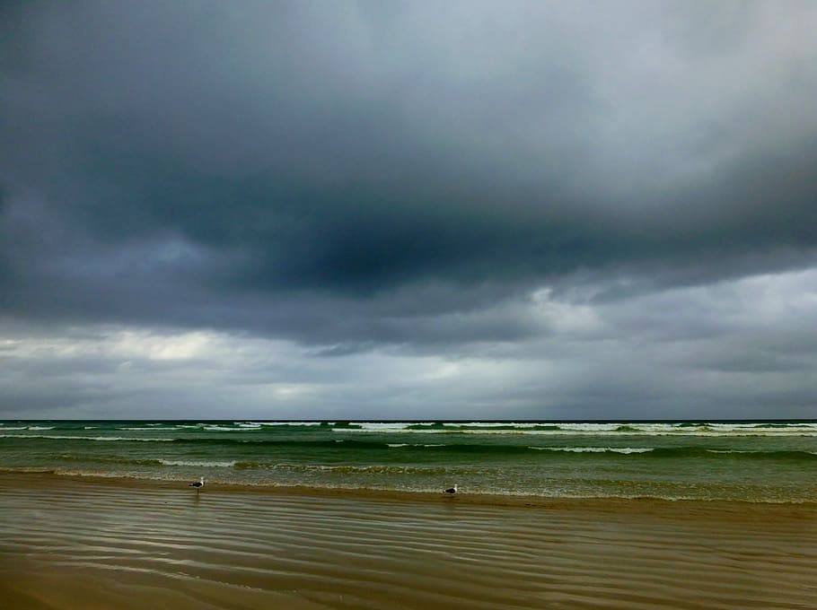 Clouds, Sea, Ocean, Wave, Beach, Gloomy, thunderstorm, threatening HD wallpaper