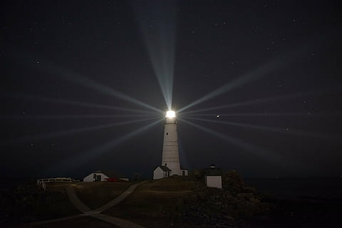 white lighthouse at night, beacon, historic, boston, massachusetts HD wallpaper
