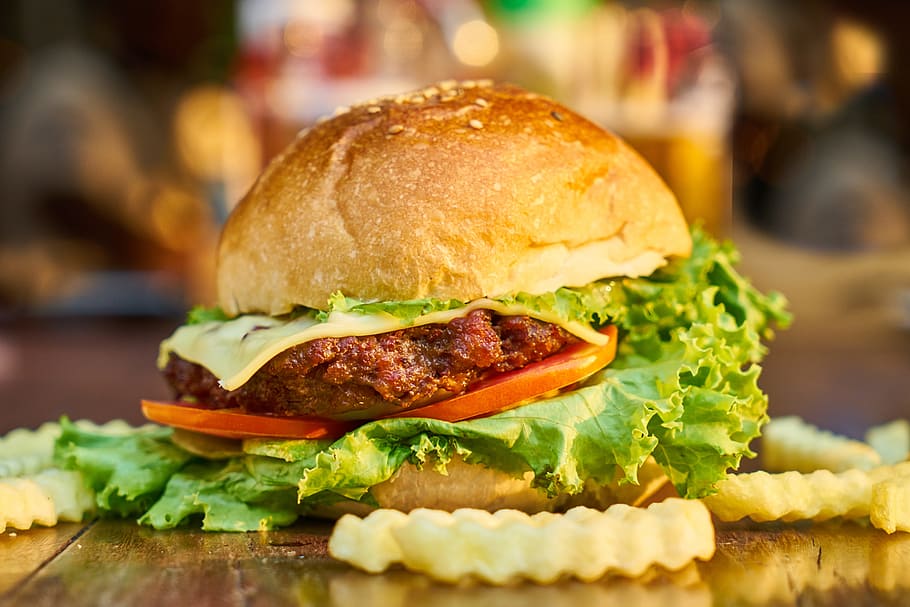 hamburger on brown wooden table, bread, meat, meatballs, fresh, HD wallpaper