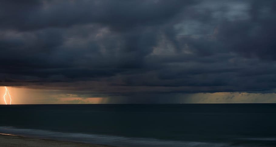 photography of ocean during storm with lightning strike, sea HD wallpaper