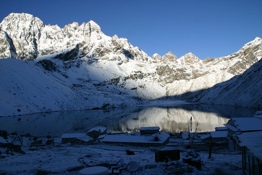 khumbu, trekking, nepal, mountains, himalaya, lake, snow, white, HD wallpaper