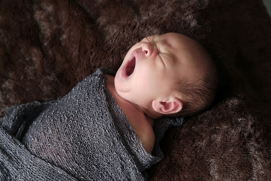yawning baby wrapped with gray cloth, newborns, portrait, vietnam, HD wallpaper